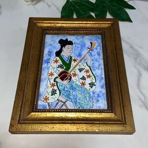 Hand Made Japanese Person Playing Instruments Signed on Gold Tone Wooden Frame